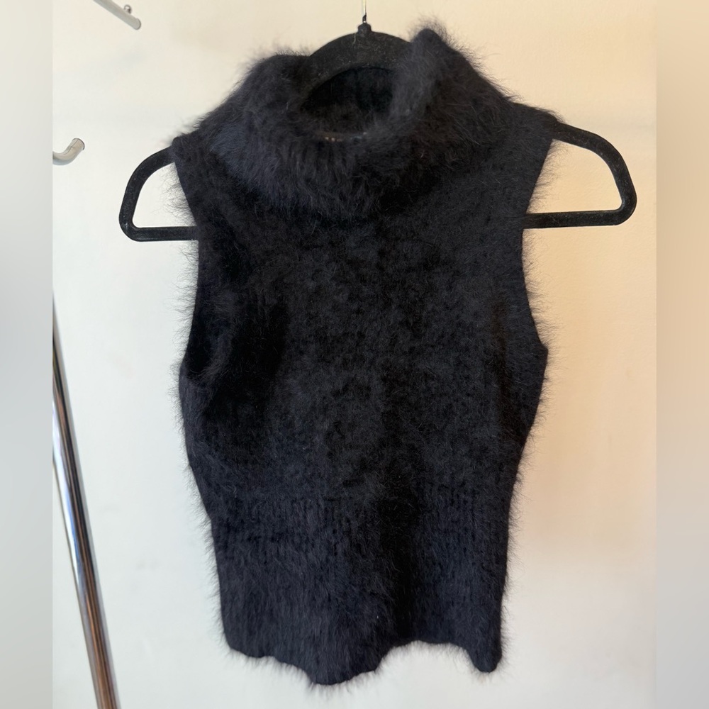 Furry Black Sleeveless Turtleneck Knit Top